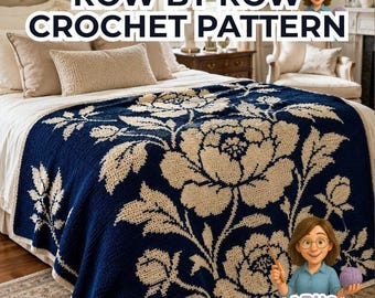 Floral Tapestry Crochet Blanket Pattern, Navy Peony Flower Graphgan, Vintage Botanical Cottage Decor Afghan, Digital PDF Download Sc Hdc Tss
