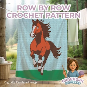 May include: A digitally rendered crochet pattern featuring a running horse in shades of brown, white, and black against a light blue background. The text "ROW BY ROW CROCHET PATTERN" is displayed at the top. The image also includes the text "Digitally Rendered Image" and the "Graphgan Patterns" logo.