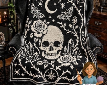 Gothic Skull and Roses Crochet Blanket Pattern, Moth Moon Crystal Graphgan, Witchy Alternative Decor Afghan,  PDF Download File Sc Hdc Tss