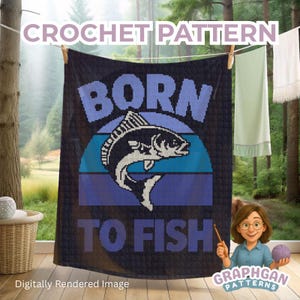 Puede incluir: Una manta de ganchillo azul oscuro con las palabras "BORN TO FISH" en azul claro. Un gráfico de pez está en el centro, con un fondo a rayas azules y turquesas. Las palabras "CROCHET PATTERN" están en la parte superior. La imagen está renderizada digitalmente.