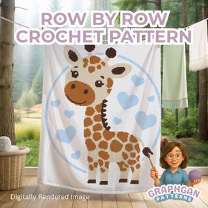 May include: A white crochet pattern featuring a giraffe design with brown spots, a light brown face, and blue hearts. The text "ROW BY ROW CROCHET PATTERN" is at the top. The words "Digitally Rendered Image" are at the bottom.