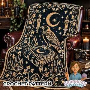 May include: A black and gold crochet blanket featuring a central raven perched on a book, surrounded by crescent moon, candle, and crystal motifs. The design includes intricate vine borders and star accents, creating a detailed textile piece.