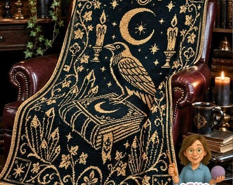Gothic Raven Crochet Blanket Pattern, Raven Spell Book Graphgan, Witchcraft Moon and Crystal Afghan, Dark Academia Throw PDF Sc Hdc Tss