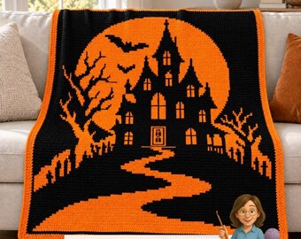Halloween Mosaic Haunted House Blanket,  Overlay Mosaic Gothic Throw Crochet Pattern, Spooky House Halloween Decor, Haunted Manor Afghan Pdf