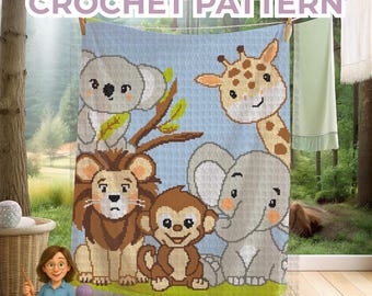 Patrón de manta de crochet para bebé de la selva. Gráfico de animales de safari para decoración de dormitorio infantil o regalo de baby shower. Sc, Hdc, TSS.