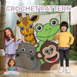 May include: A crochet pattern featuring a colorful design of a giraffe, frog, hippo, and monkey. The words "CROCHET PATTERN" are at the top. The image is digitally rendered.
