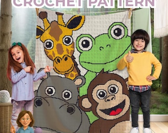 Haakpatroon voor een jungle deken - Een makkelijke en schattige deken met safari-dieren voor baby's of kinderen, ideaal als cadeau of als decoratie voor de babykamer/slaapkamer. Vaste steken, halve stokjes, dubbele stokjes, ...