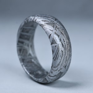 May include: A metallic ring featuring a dark grey, textured surface with a distinct, intricate Widmanstätten pattern of intersecting lines and geometric shapes across the entire outer band, showcasing a raw, etched finish throughout the metal.