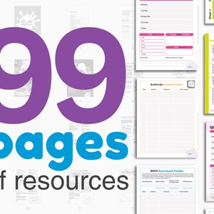 May include: Image features the text "99 pages of resources" in purple and blue, with various document pages in the background. The documents appear to be templates for planning and tracking.