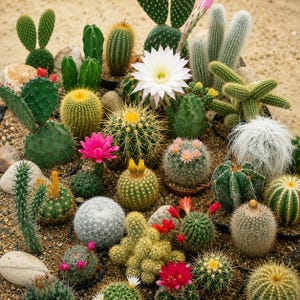 May include: A diverse collection of potted cacti featuring various shapes, sizes, and textures. The arrangement includes round, columnar, and flat-padded cacti with green, yellow, and white spines, accented by vibrant pink, red, and white flowers.