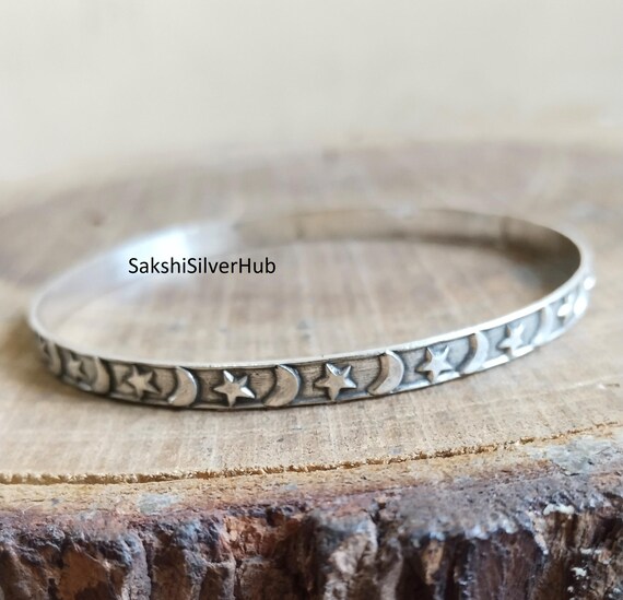 Oxidized Sterling Silver Star and Moon Bangle, Handmade Unisex 