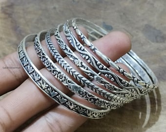 Oxidized Sterling Silver Bangle Set, Handmade Stacking Boho Hippie Flower Bangles