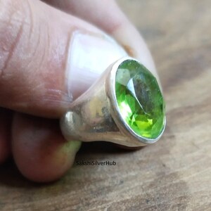 Mens Peridot Signet Ring, 925 Sterling Silver, Boho Ring