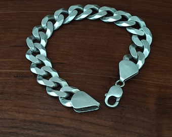 Heavy Sterling Silver Curb Chain Bracelet, Men's Faceted Link Hand Chain