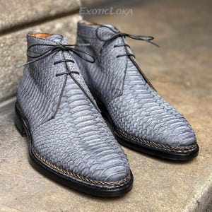 Handmade Grey Python Leather Boots: Exotic Men&#39;s Shoes