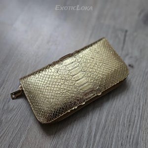 Gold Python Skin Wallet | Handmade Exotic Leather Wallet for Women | Snakeskin Pochette