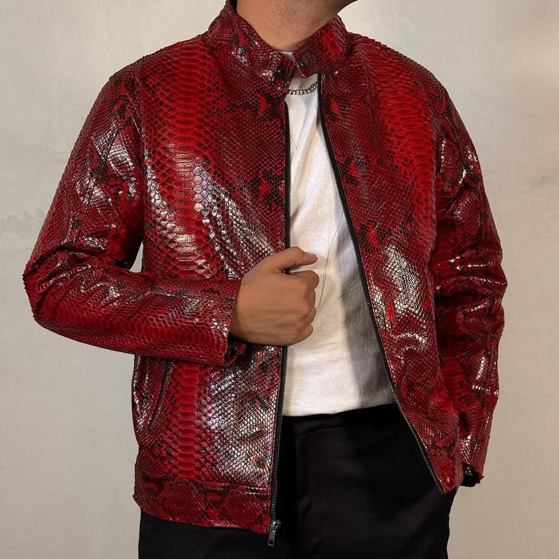 Handmade Python Leather Jacket: Exotic Red Snakeskin Outerwear