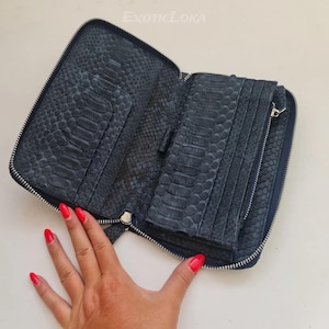 Navy Python Skin Wallet | Handmade Exotic Leather Wallet for Women | Snakeskin Pochette