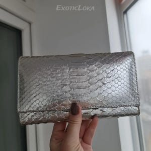 Silver Python Skin Wallet | Handmade Exotic Leather Wallet for Women | Snakeskin Pochette