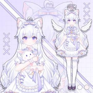 May include: An illustration of a character with long white hair, cat ears, and angel wings, wearing a white dress with purple accents. The character is holding a white stuffed bunny. The background is a light purple with decorative elements.