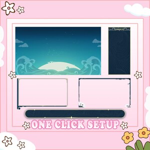 Könnte beinhalten: Ein digitales Overlay-Design mit rosa Hintergrund und weißen Rändern. Das Design beinhaltet eine Meereslandschaft mit Wellen, einem Mond und einem Kommentarbereich. Der Text "ONE CLICK SETUP" ist ebenfalls enthalten.