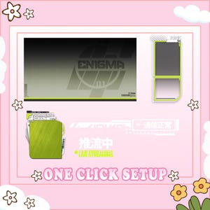 May include: A digital overlay design with the word "ENIGMA" in gray, a green and black gradient background, and the text "ONE CLICK SETUP" in pink. Includes a green comment box and a live streaming graphic.