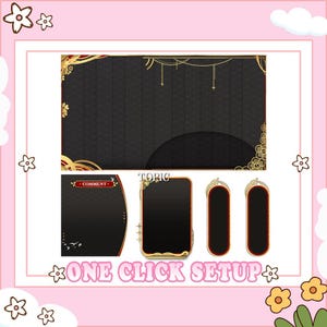 Puede incluir: Un conjunto de superposición digital en negro y dorado, con un fondo grande, una sección de comentarios, un cuadro de tema y dos cuadros alargados. Los textos "TOPIC", "COMMENT" y "ONE CLICK SETUP" son visibles.