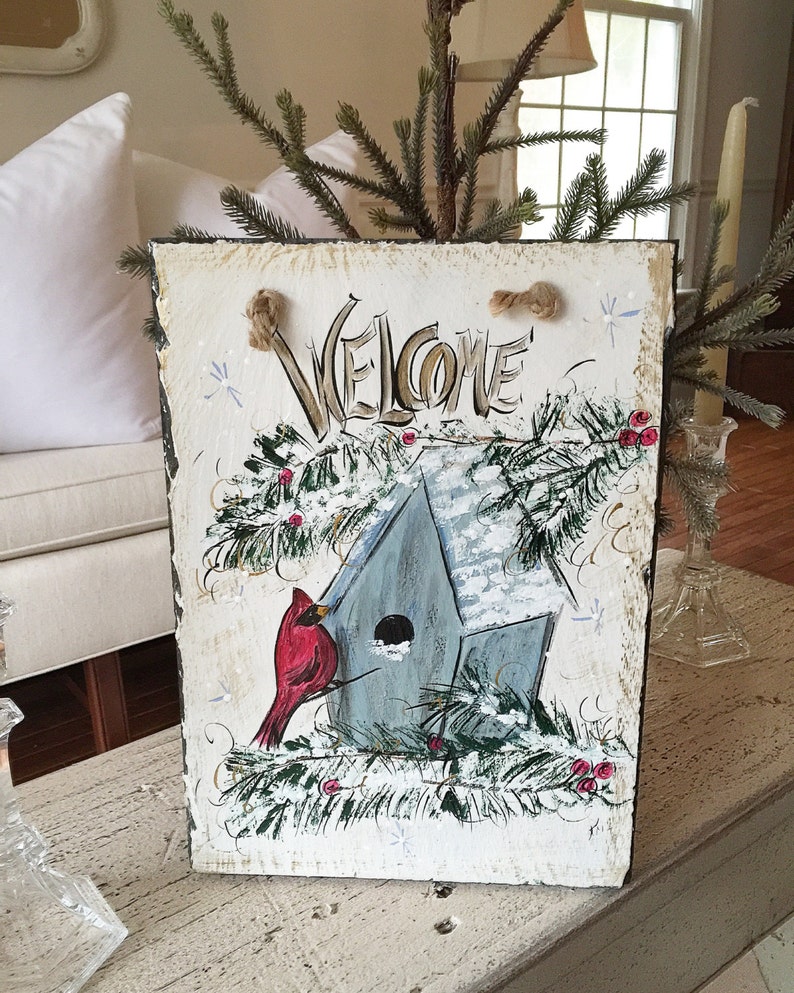 Hand Painted Slate Painted Slate Sign Painted Slate Christmas Slate Winter Slate Sign Birdhouse Slate Front Door Slate,