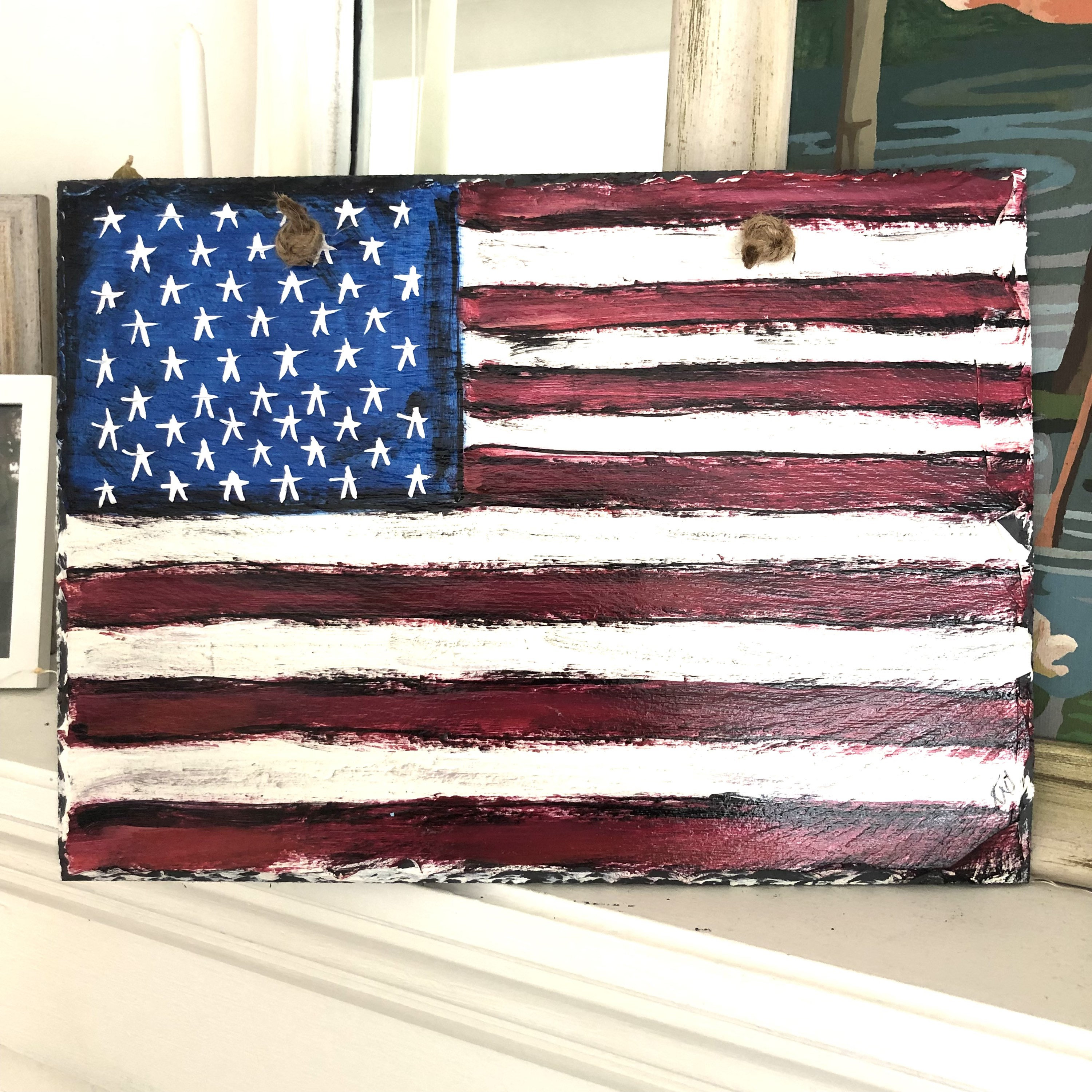 Flag American Slate Patriotic Hand Painted Art Welcome Sign Summer