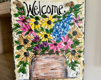 Spring Slate. Spring Slate Sign. Summer Slate  Painted Slate. Garden Sign. Welcome Sign. Hand Painted Sign. Slate Sign. Summer Decor. Slate