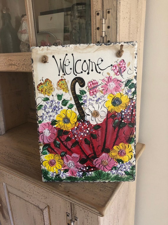 Spring Slate Signs Hand Painted Slate Floral Slate Spring Etsy