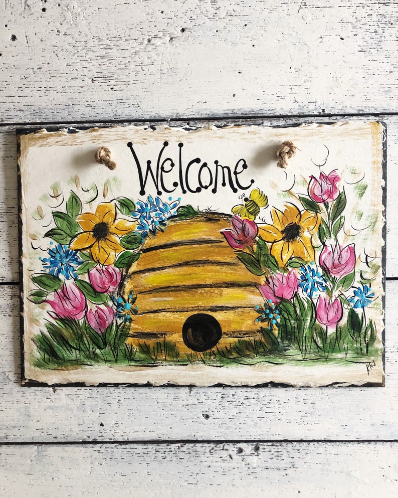 Outdoor Decor Front Door Sign, Spring Slate Sign Garden Decor Painted Slate Sign Summer Slate Sign Welcome Sign Beehive Slate