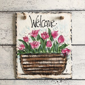 Spring Slate Signs Hand Painted Slate Tulip Slate Sign Front Door Slate ...
