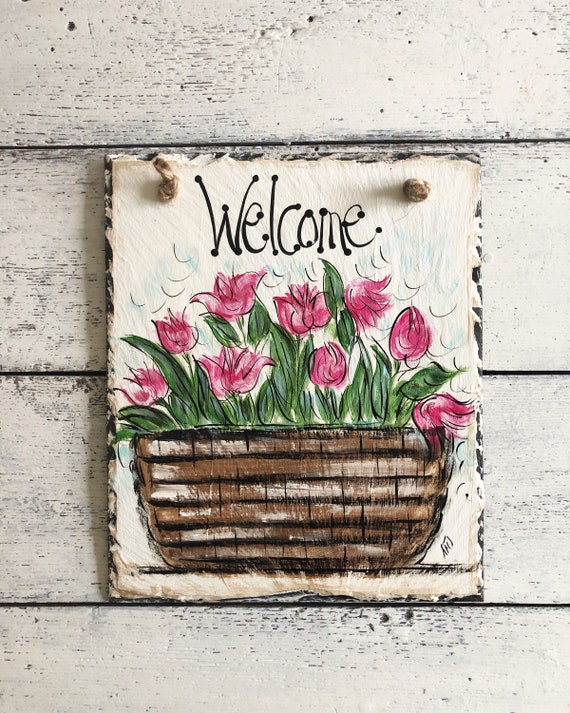 Spring door decor welcome Mother/'s Day gift welcome plaque door hanger Easter Decor Tulips Welcome Sign Painted Slate welcome sign