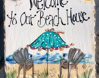 Beach House Sign. Beach Decor. Painted Slate Sign. Welcome Sign. Personalized Gifts. Summer Slate. Beach Art. Hand Painted Slate