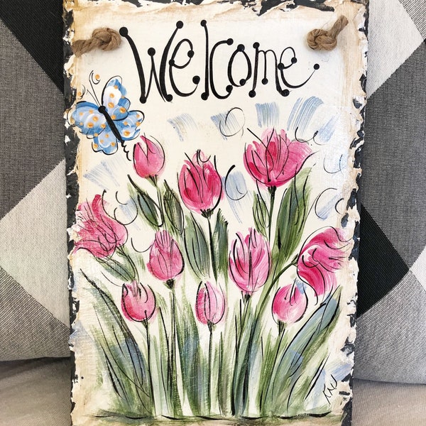 Summer Slate Sign  Slate Sign  Mothers Day Sign. Tulip Slate  Spring Slate Signs  Hand Painted Slate  Welcome Slate Sign  Easter Slate Sign.