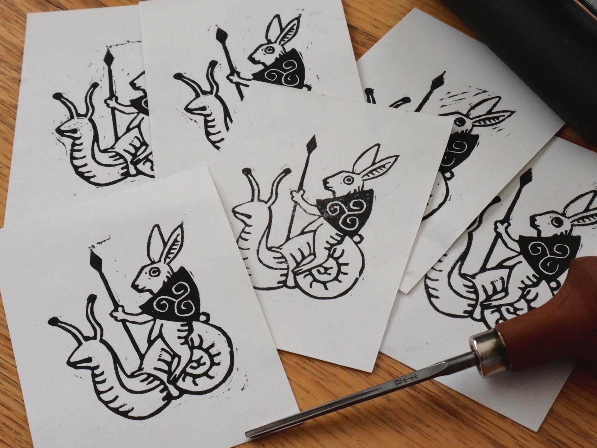 Medieval Rabbit Riding Snail Handmade Linocut Mini Print - Etsy