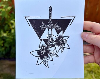 Master Sword and Silent Princesses Handmade Lino Cut Print- Video Game, Tears of the Kingdom