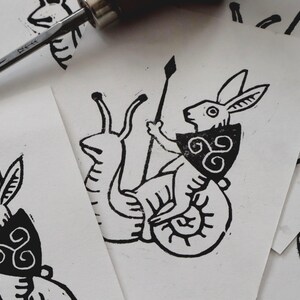 Medieval Rabbit Riding Snail Handmade Linocut Mini Print - Etsy