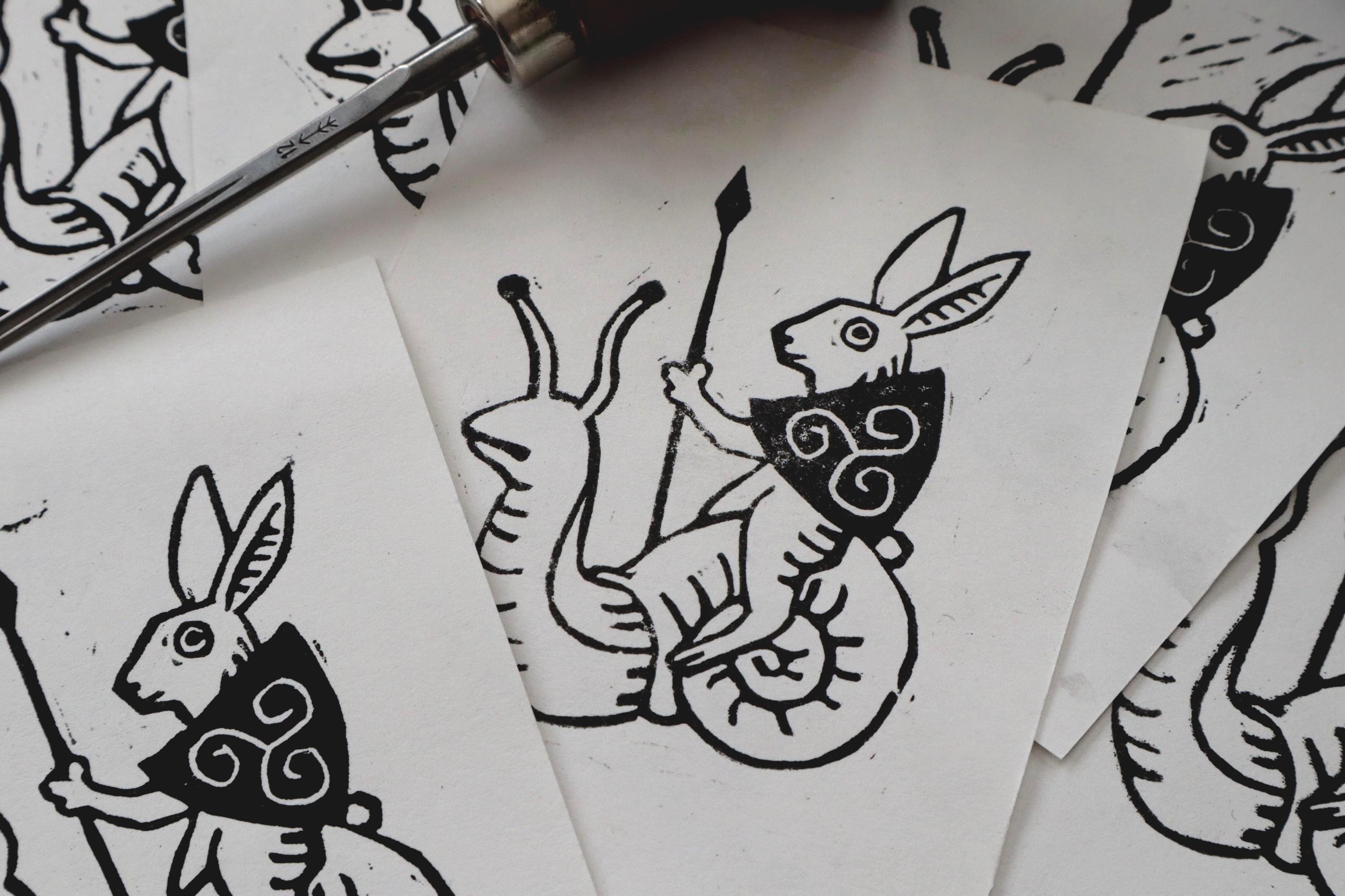 Medieval Rabbit Riding Snail Handmade Linocut Mini Print - Etsy