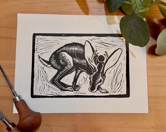 Impresión en linóleo hecha a mano de Jackalope