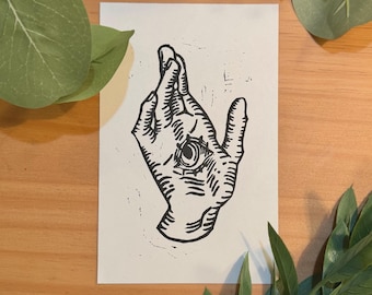 Mystic Hand Eye in Palm Linocut Print