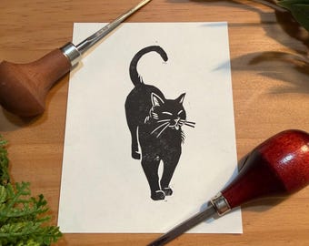 Handmade Black Cat Linocut Print – Tongue Sticking Out Art (4"x5")