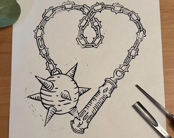 Impresión en linóleo hecha a mano de Heart Flail