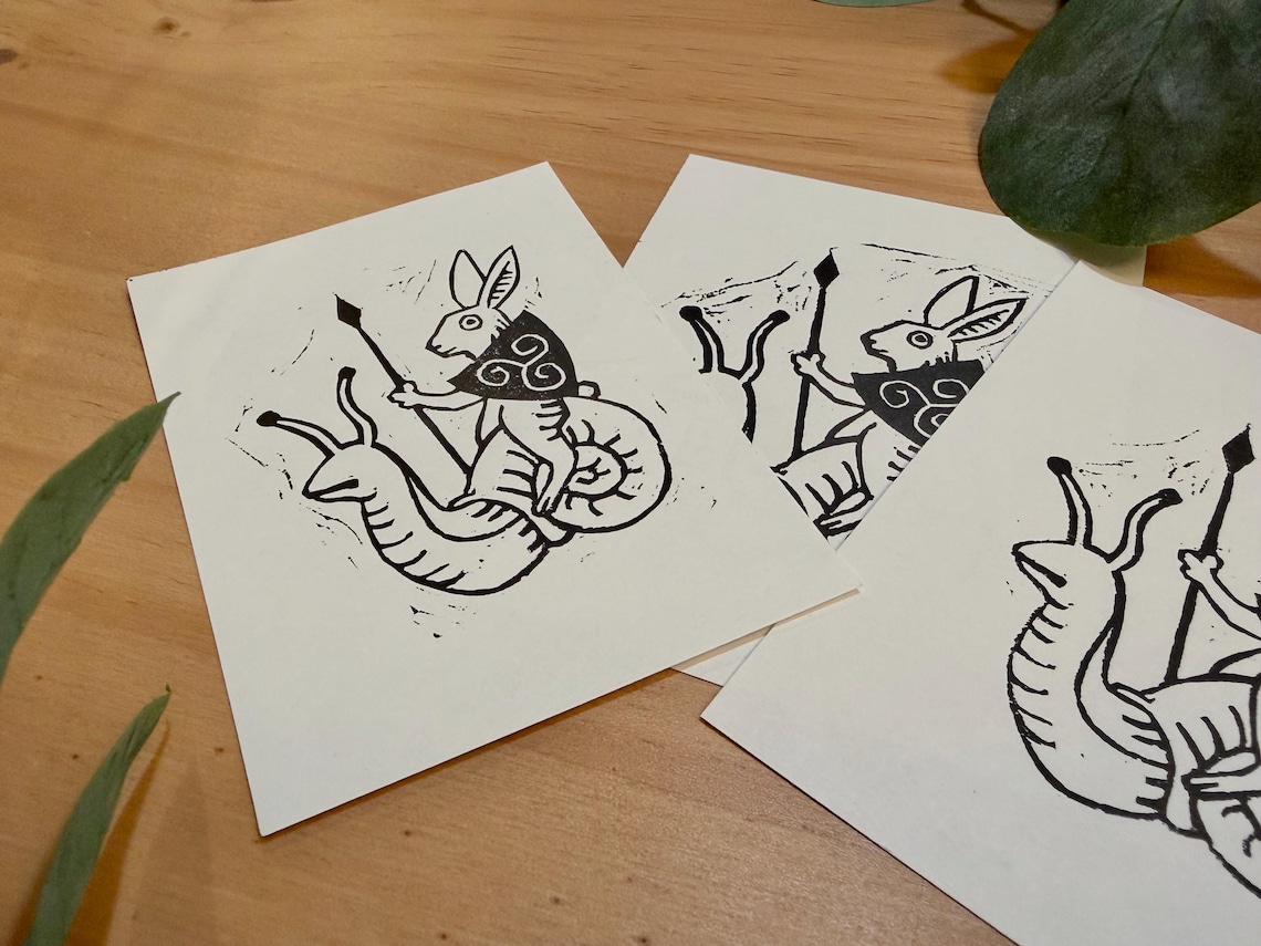 Medieval Rabbit Riding Snail Handmade Linocut Mini Print - Etsy