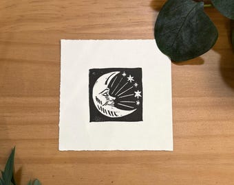 Celestial Crescent Moon and Stars Handmade Lino Mini Print