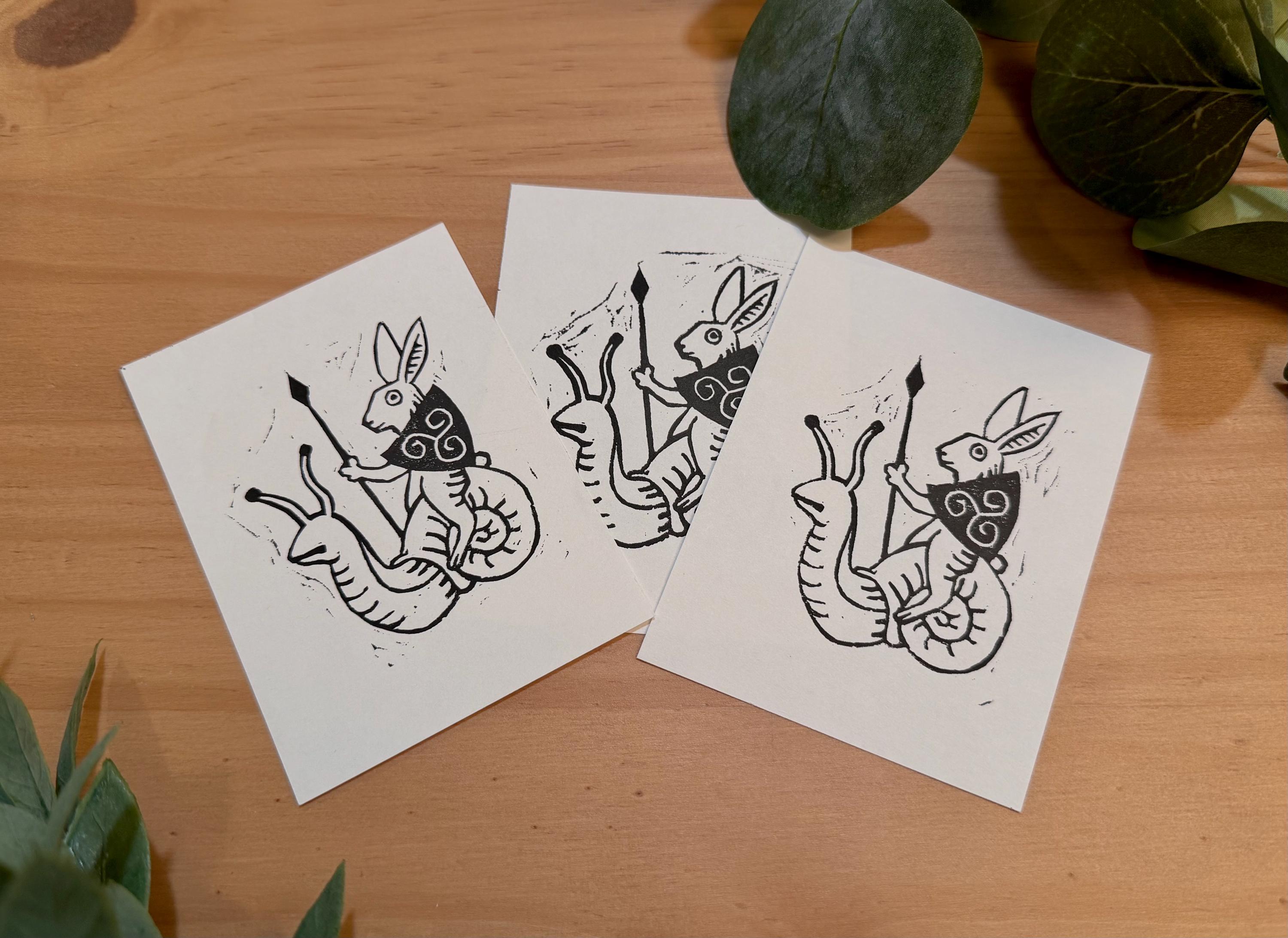 Medieval Rabbit Riding Snail Handmade Linocut Mini Print - Etsy