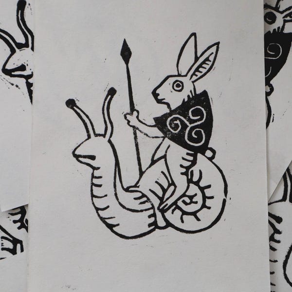 Medieval Rabbit Riding Snail Handmade Linocut Mini Print