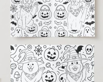 Könnte beinhalten: Zwei schwarz-weiße Halloween-Grußkarten. Die obere Karte zeigt einen Hund mit Hexenhut und Halstuch, umgeben von Kürbissen und Geistern. Die untere Karte zeigt zwei Hunde mit Hexenhüten, umgeben von Halloween-Symbolen.
