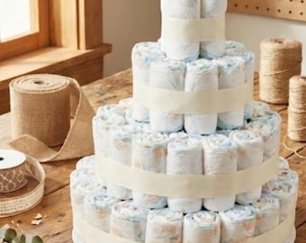 DIY Diaper Cake Base | Blank Baby Shower Gift | 100% Usable Diapers (No Glue) | Size 2 Diapers | Neutral White or Cream Ribbon